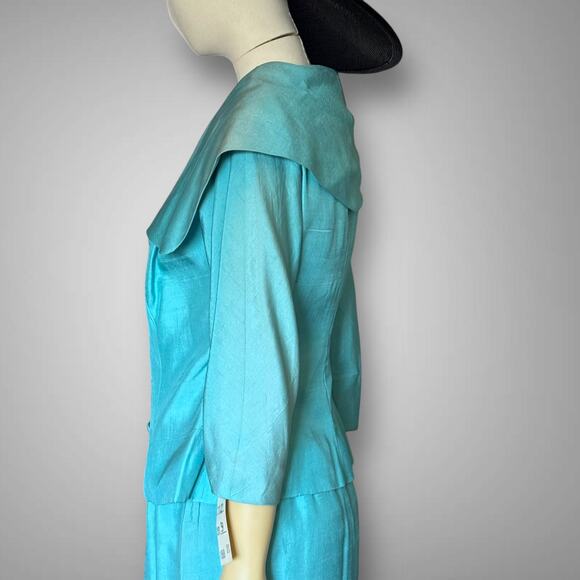 Vintage 1950s Silk Shantung Dress and Jacket Set Blue Green Georgette Trilère - Picture 7 of 16